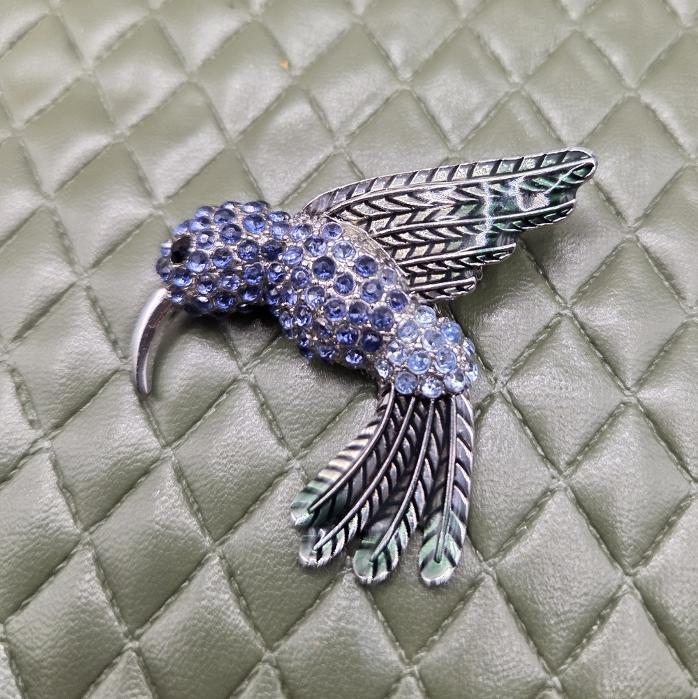 1022. Napier Blue and Green Crystal Hummingbird Brooch